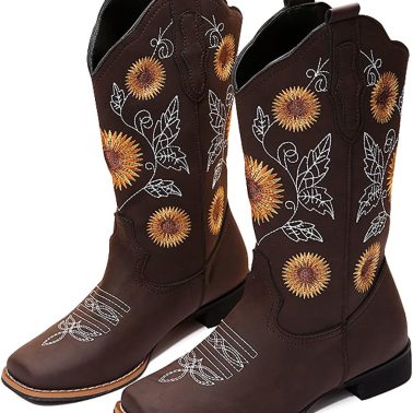 Cowboy Boots for Women Mid Calf Cowgirl Western Boots Sunflower Embroidery Stitched Square Toe Low Heel Black Brown Yellow US6-10.5