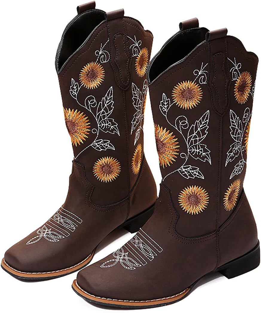 Cowboy Boots for Women Mid Calf Cowgirl Western Boots Sunflower Embroidery Stitched Square Toe Low Heel Black Brown Yellow US6-10.5