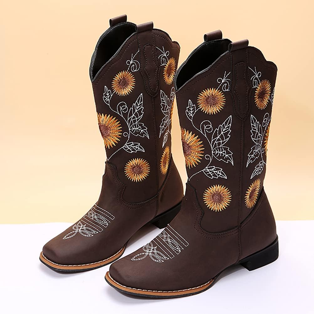 Cowboy Boots for Women Mid Calf Cowgirl Western Boots Sunflower Embroidery Stitched Square Toe Low Heel Black Brown Yellow US6-10.5 - Image 2