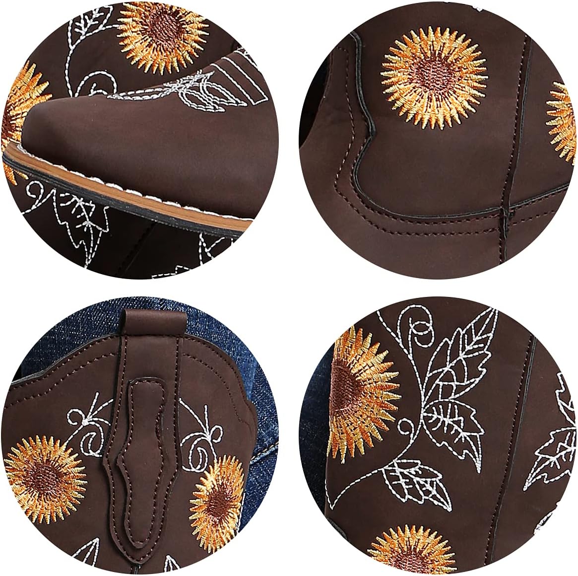 Cowboy Boots for Women Mid Calf Cowgirl Western Boots Sunflower Embroidery Stitched Square Toe Low Heel Black Brown Yellow US6-10.5 - Image 3