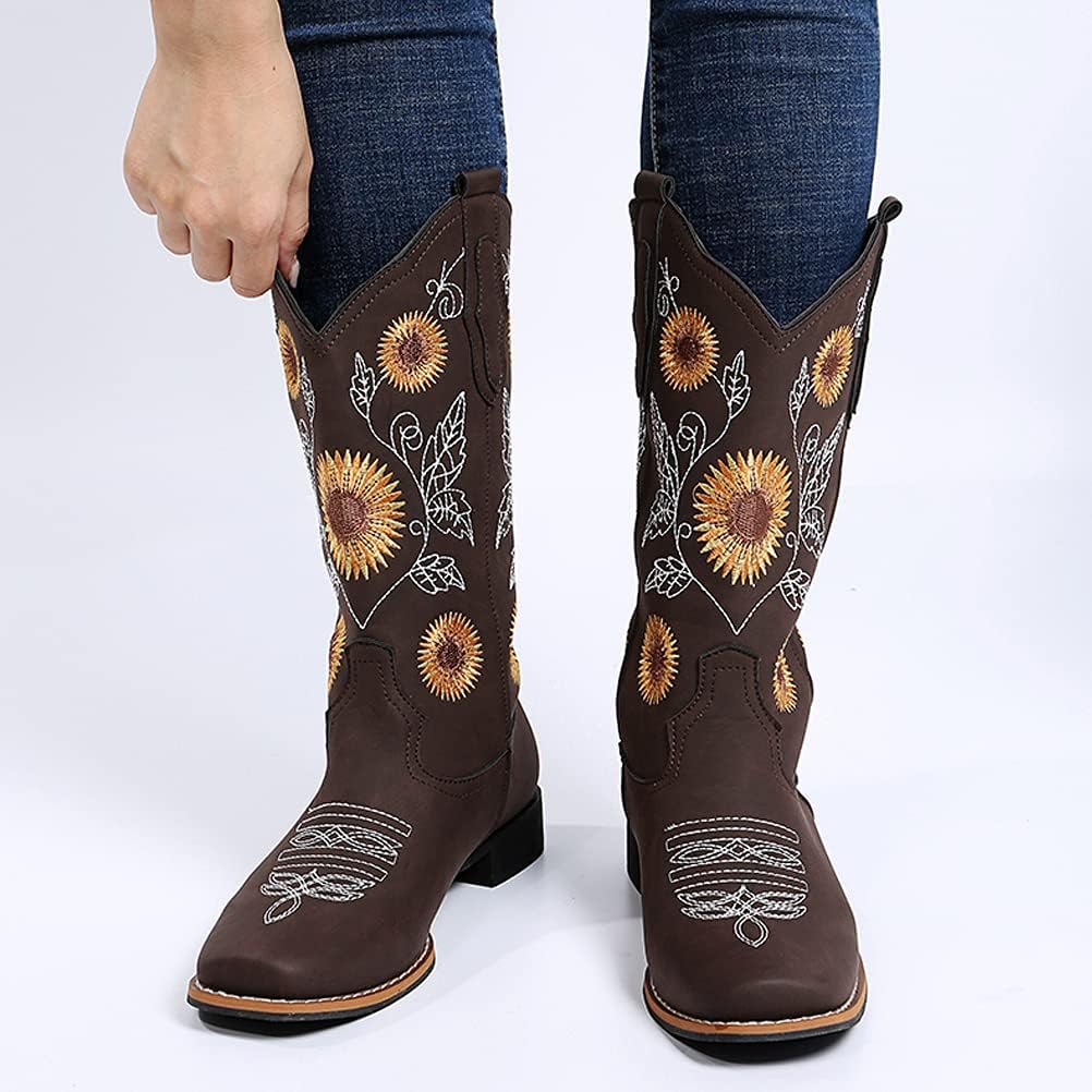Cowboy Boots for Women Mid Calf Cowgirl Western Boots Sunflower Embroidery Stitched Square Toe Low Heel Black Brown Yellow US6-10.5 - Image 4