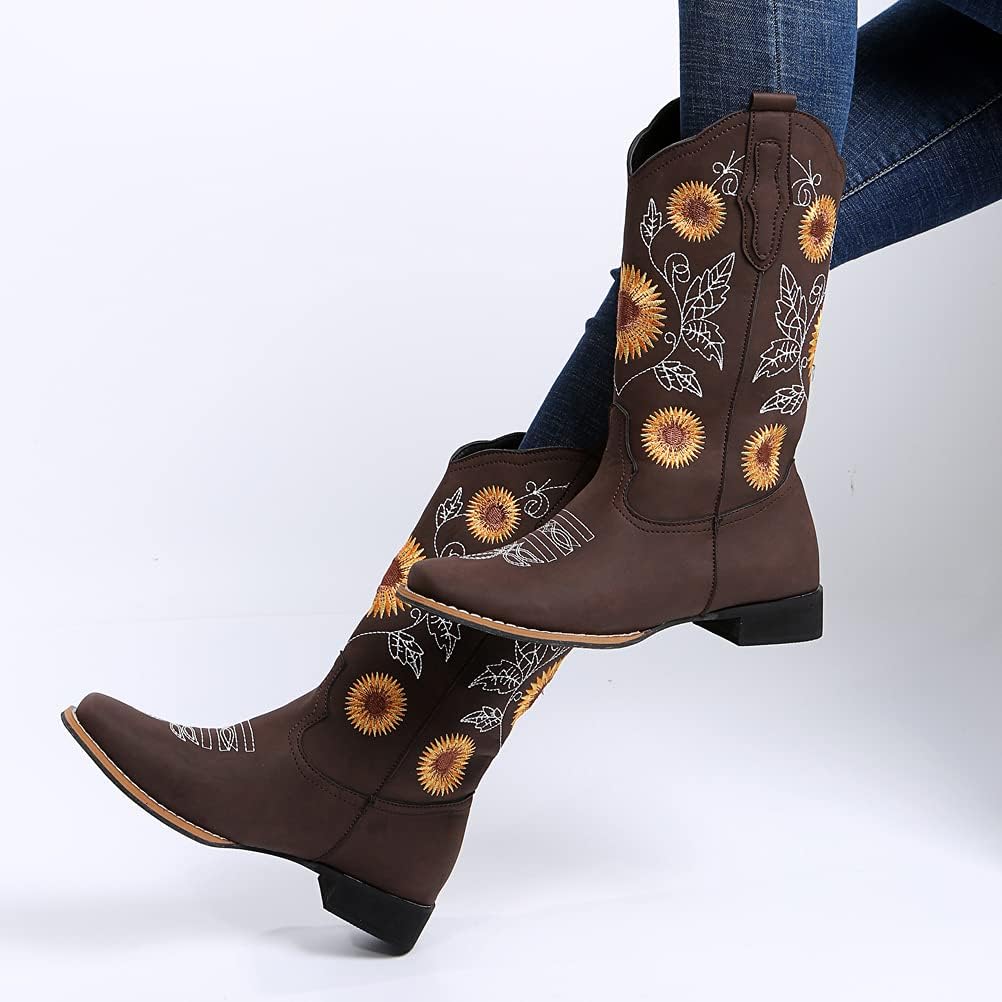 Cowboy Boots for Women Mid Calf Cowgirl Western Boots Sunflower Embroidery Stitched Square Toe Low Heel Black Brown Yellow US6-10.5 - Image 5
