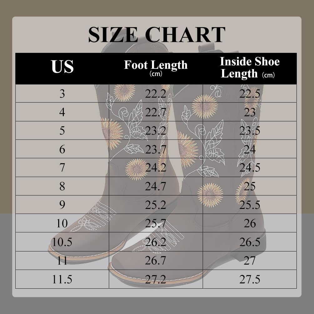 Cowboy Boots for Women Mid Calf Cowgirl Western Boots Sunflower Embroidery Stitched Square Toe Low Heel Black Brown Yellow US6-10.5 - Image 6